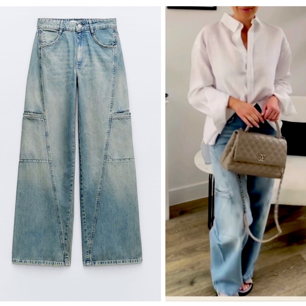 ZARA mid rise full length cargo jeans wide leg blogger favorite